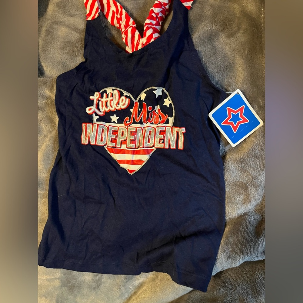 Little Miss Independent Girls' Navy Tank Top - Patriotic Red & White Details